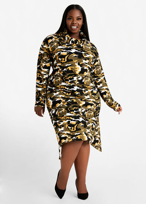 Camo Cowl Neck Ruched Dress, Olive Night image number 0