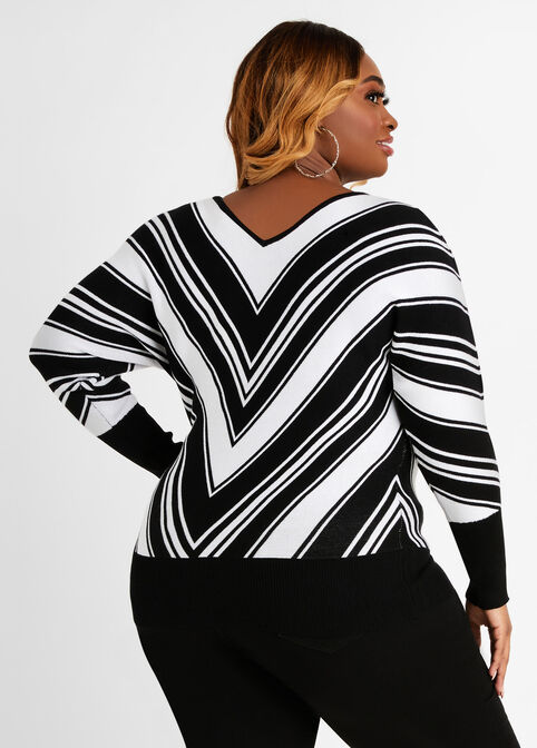 Stripe Deep V Neck Sweater, Black White image number 1