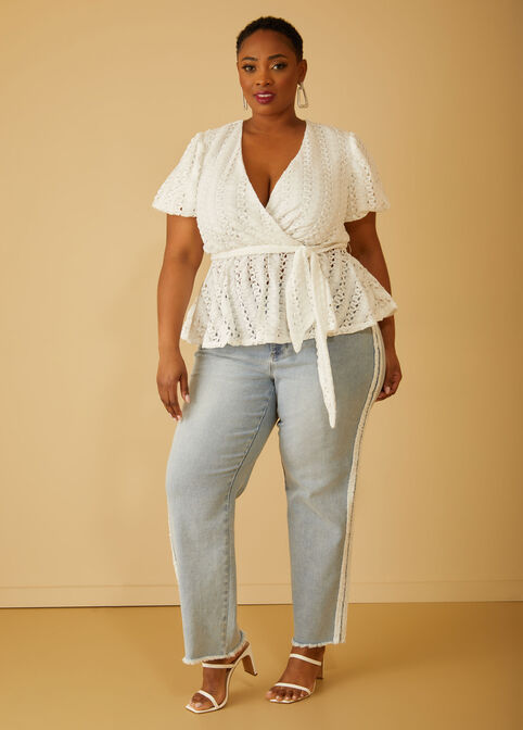 Textured Knit Faux Wrap Top, White image number 3