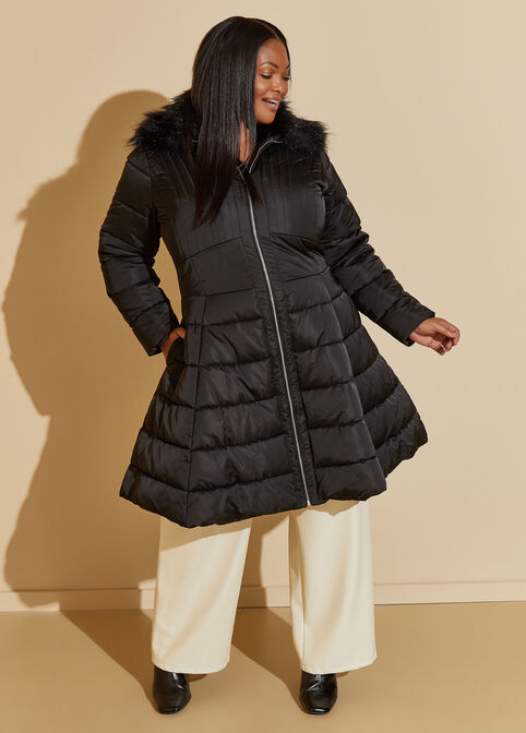Faux Fur Trimmed Puffer Coat, Black image number 2