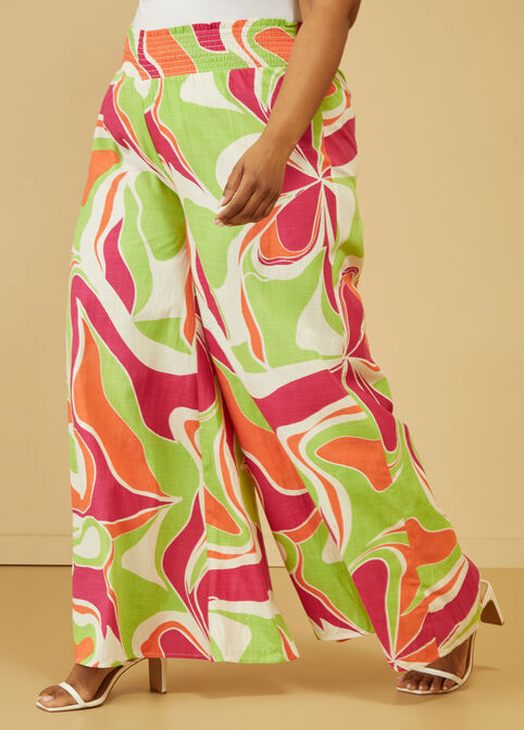 Abstract Print Wide Leg Pants, LIVING CORAL image number 2