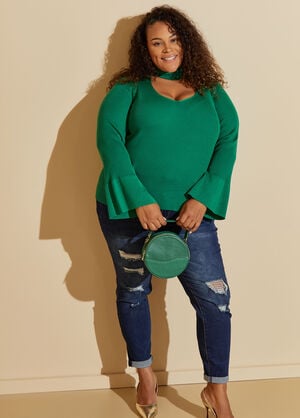 Bell Sleeved Cutout Sweater, Abundant Green image number 0