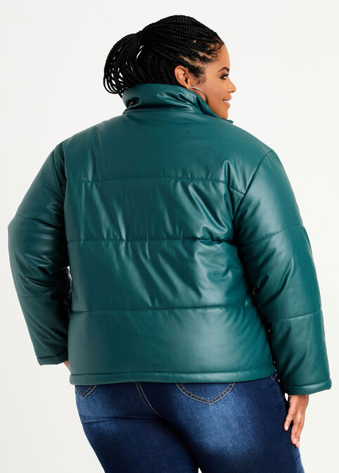 Quilted Faux Leather Puffer Coat, Green image number 1
