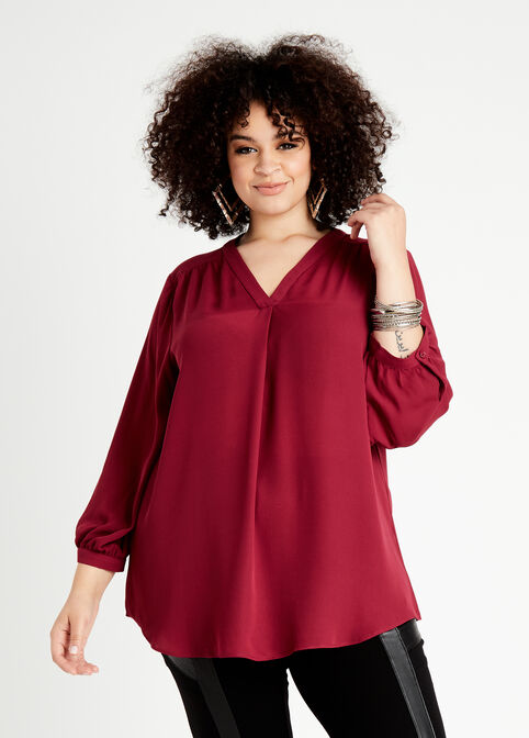 Tall Red V Neck Pullover Blouse, Rhododendron image number 0