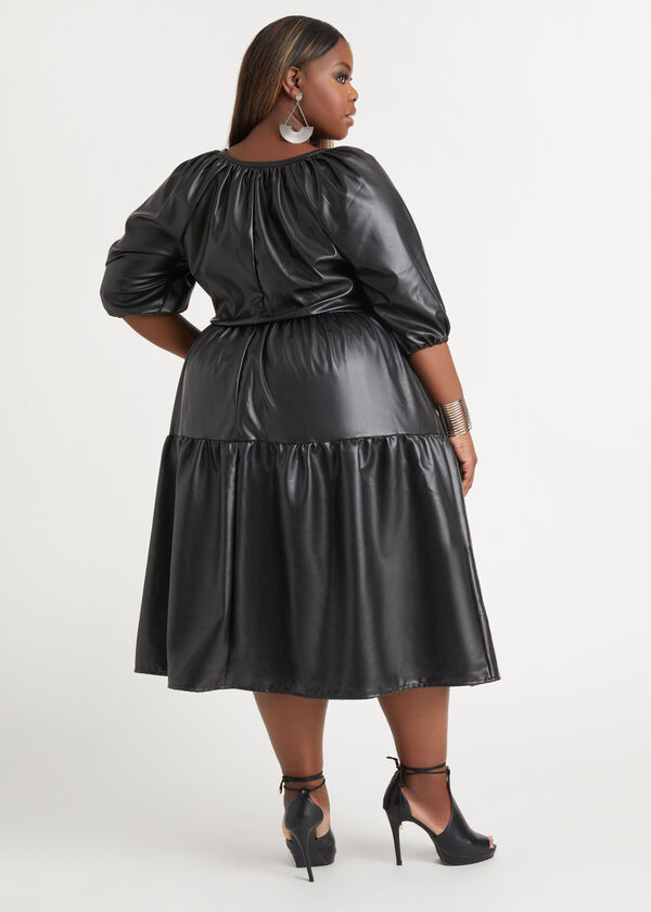 Tiered Faux Leather Midi Dress, Black image number 1