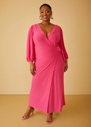 Stretch Knit Maxi Wrap Dress, Pink Peacock image number 0
