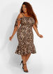 Plus Size Leopard Cold Shoulder Tie Sleeve Sexy Bodycon Flounce Dress image number 0