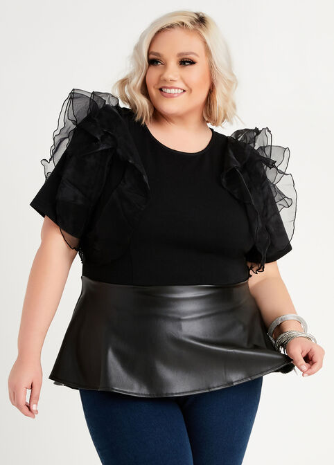 Plus Size Sheer Ruffle Trim Knit & Faux Leather Peplum Sexy Zip Top image number 0