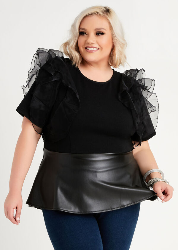 Ruffle & Faux Leather Peplum Top, Black image number 0