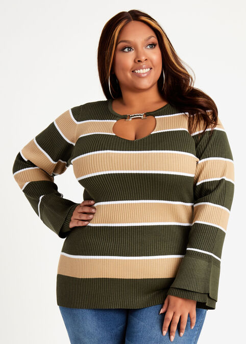 Plus Size Sexy Knitwear Stripe Bar Neck Cutout Bell Sleeve Sweater image number 0