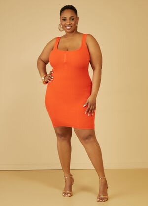 Zip Detailed Ribbed Bodycon Dress, Grenadine Orange image number 0