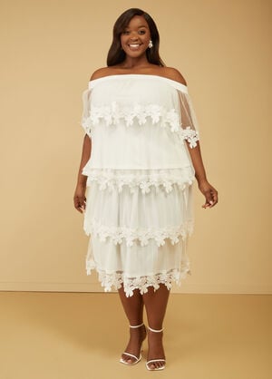 Appliqued Tiered Tulle Midi Skirt, White image number 0
