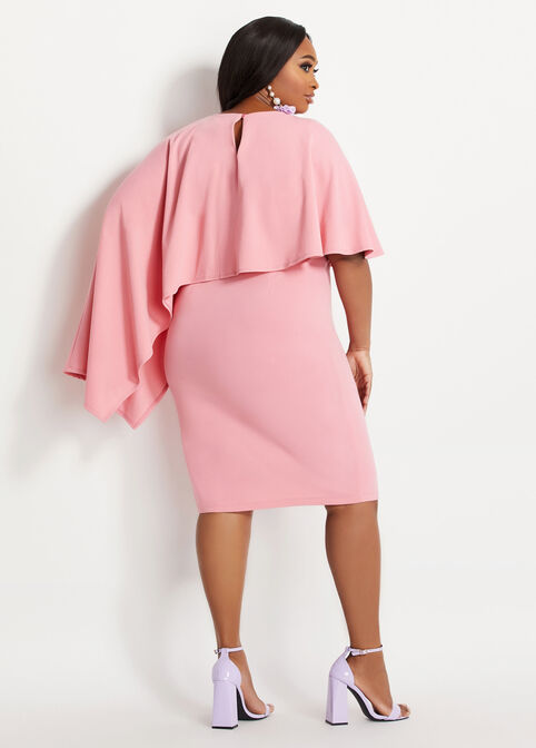 Asymmetric Cape Knee Length Dress, Pink image number 1