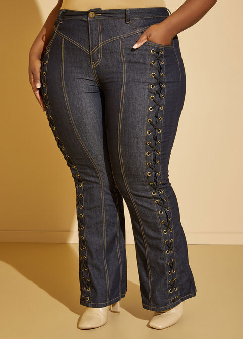 Lace Up Bootcut Jeans, Dk Rinse image number 3
