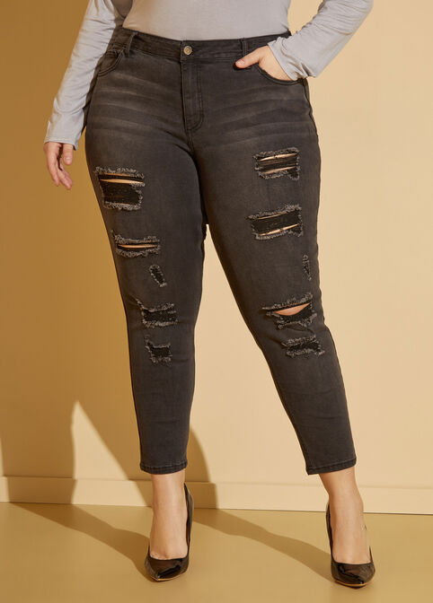 Distressed Mid Rise Skinny Jeans, Black image number 3