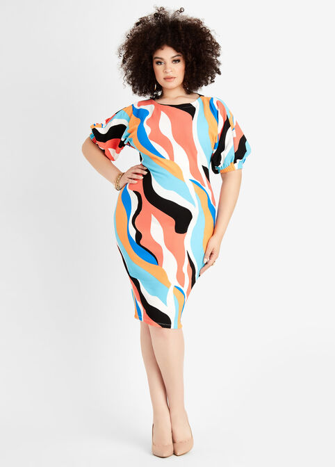 Abstract Puff Sleeve Bodycon Dress, Multi image number 0
