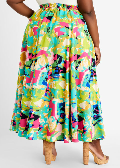 Belted Abstract Flared Maxi Skirt, Deep Peacock Blue image number 1