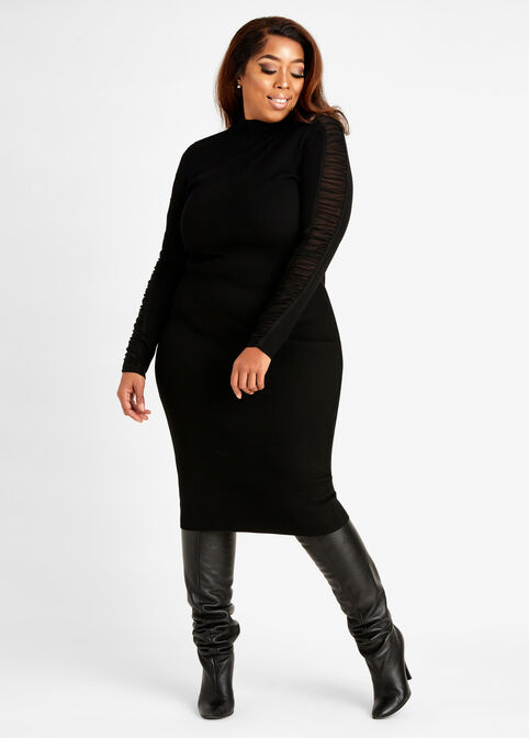 Plus Size Ruched Mesh Sleeve Sweater Bodycon Sexy Stretch Knit Dress image number 0