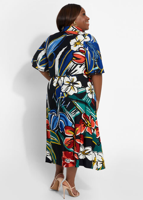 Floral Midi Shirtdress, Black Combo image number 1