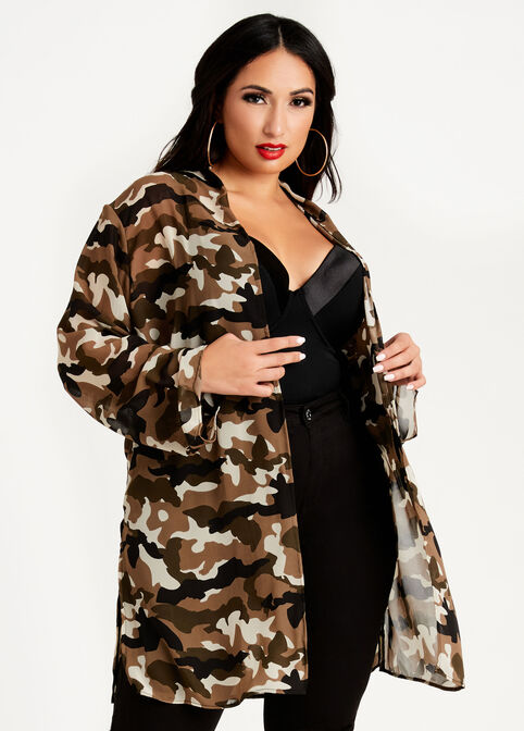 Camo Sheer Open Front Duster, Olive image number 0