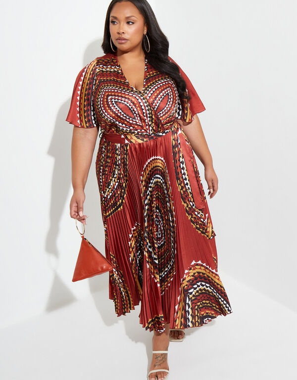 Pleated Printed Satin Maxi Dress, Rooibos image number 0