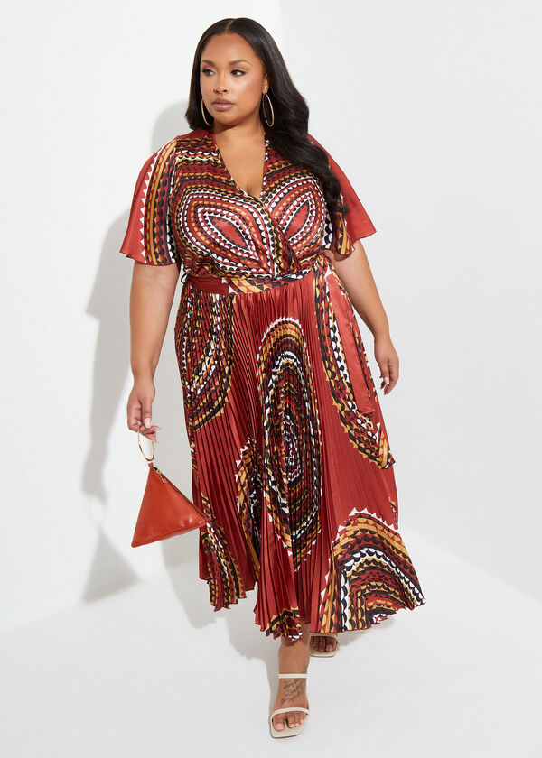 Pleated Printed Satin Maxi Dress, Rooibos image number 0