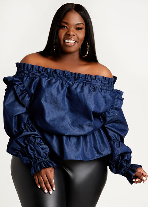 Ruffle Chambray Off Shoulder Top, Denim image number 0