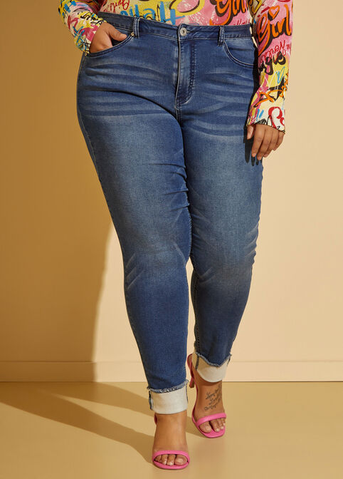 Cuffed Mid Rise Skinny Jeans, Dk Rinse image number 3