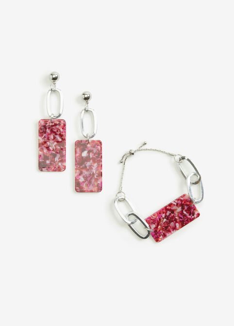 Marble Bracelet & Earrings Set, Fuchsia Red image number 0