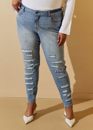 Distressed Paneled Skinny Jeans, Classic Blue image number 0