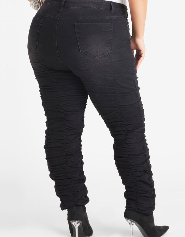 Ruched Mid Rise Skinny Jeans, Black image number 1