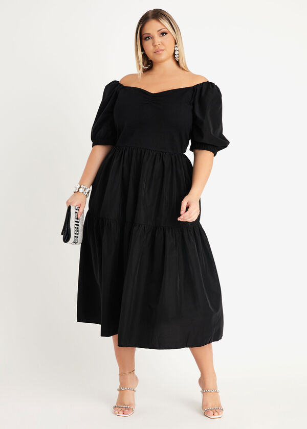 Off The Shoulder Cotton Midi Dress, Black image number 0