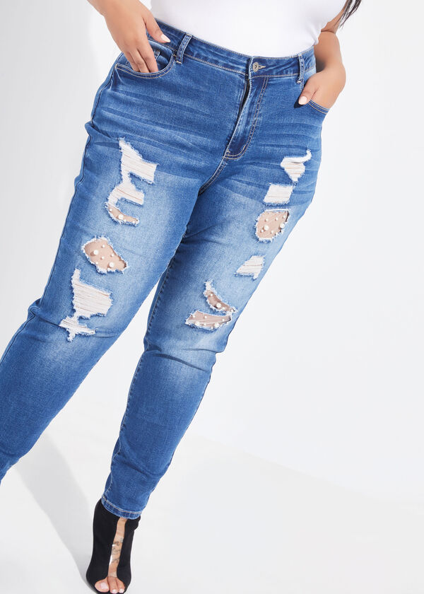 Embellished Distressed Skinny Jeans, Medium Blue image number 2