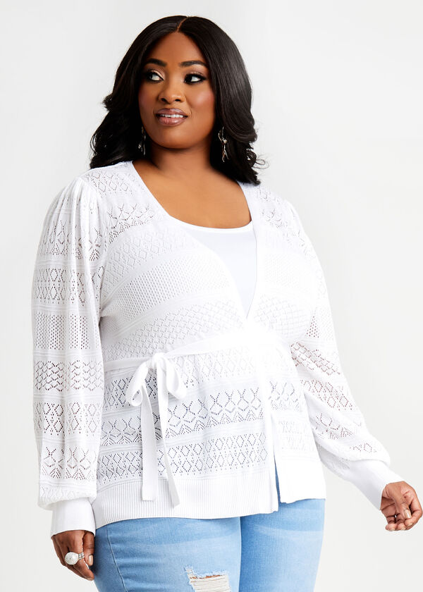 Belted Balloon Sleeve Cardigan, White image number 0