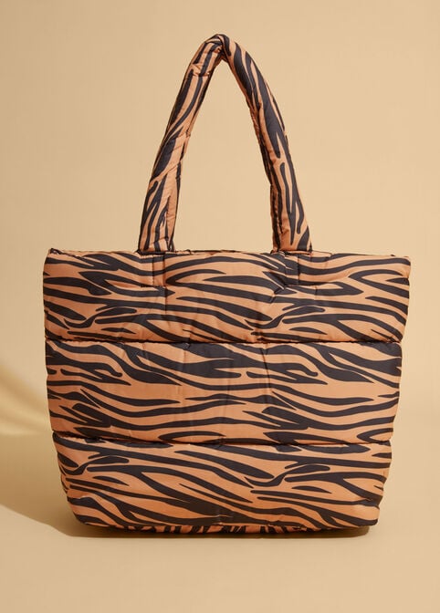 Tiger Print Puffer Tote, Brown Combo image number 0