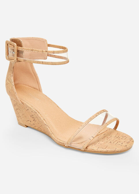 Clear Ankle Strap Wedge Sandal, Tan image number 0