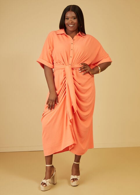 Belted Midaxi Shirtdress, LIVING CORAL image number 3