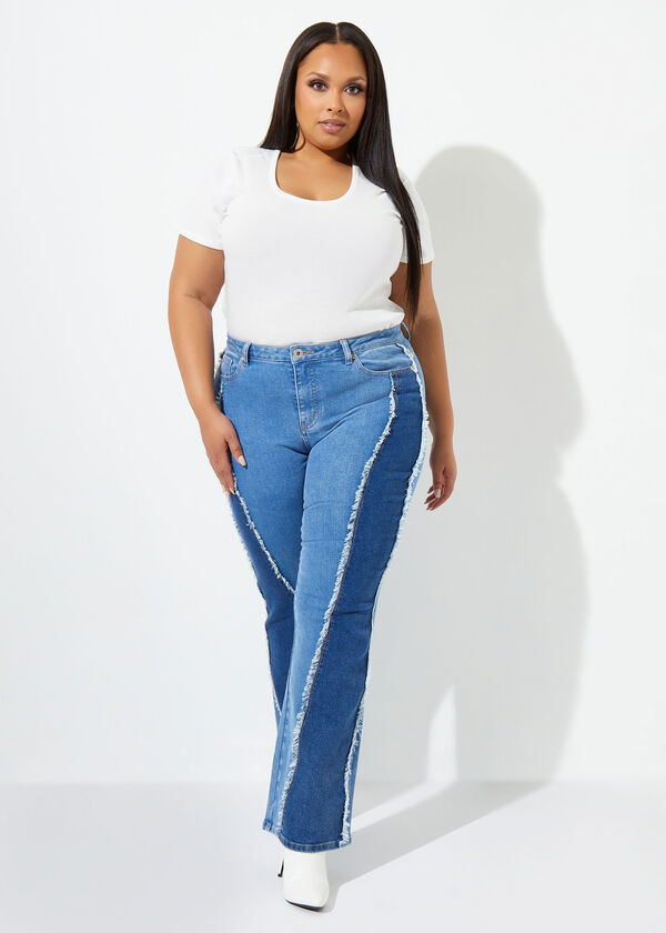 Two Tone Flared Jeans, Denim Blue image number 2