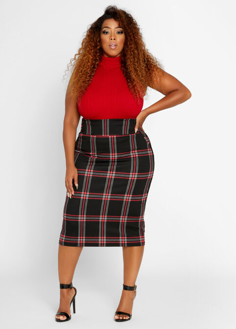 Plaid Button Accent Straight Skirt, Jester Red image number 2