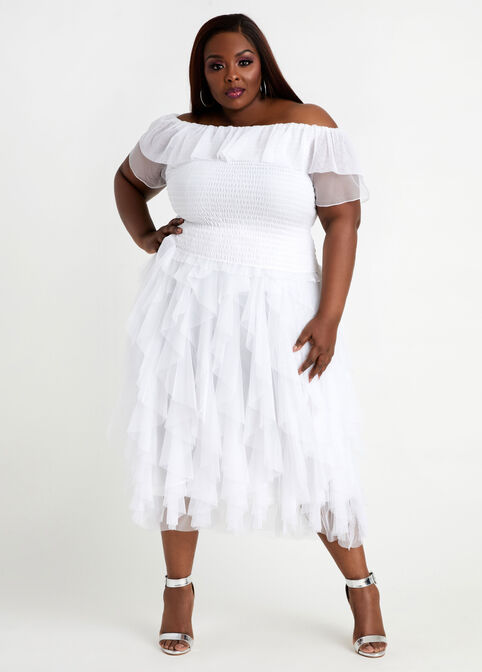 Tiered Tulle Ruffle Hi Rise Skirt, White image number 2