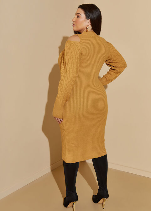 Cold Shoulder Sweater Dress, Pale Gold image number 1