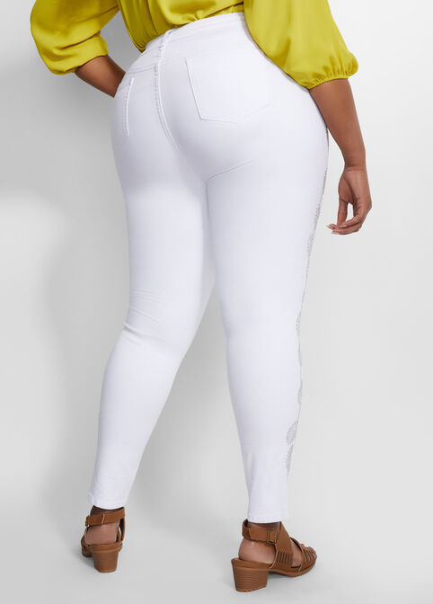 White Studded Leaf Skinny Jeans, White image number 1