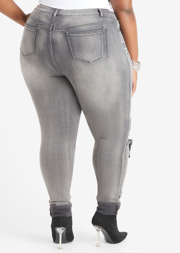 Cutout Distressed Skinny Jeans, Grey image number 1