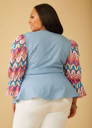 Crochet Sleeved Chambray Top, Denim image number 1