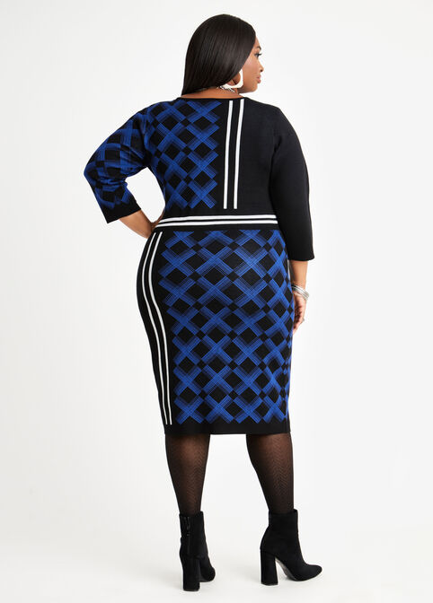Geo Stripe Sweater Bodycon Dress, Royal Blue image number 1