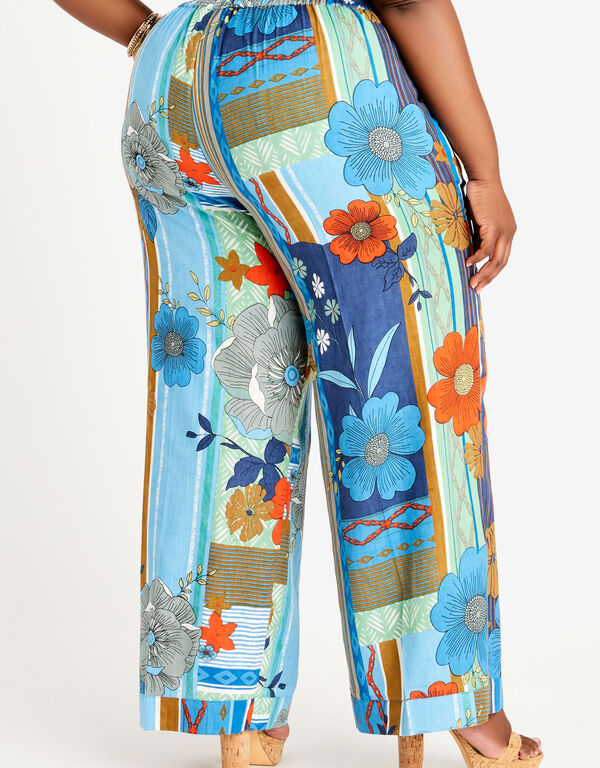 Floral Print Linen Wide Leg Pants, Blue image number 1