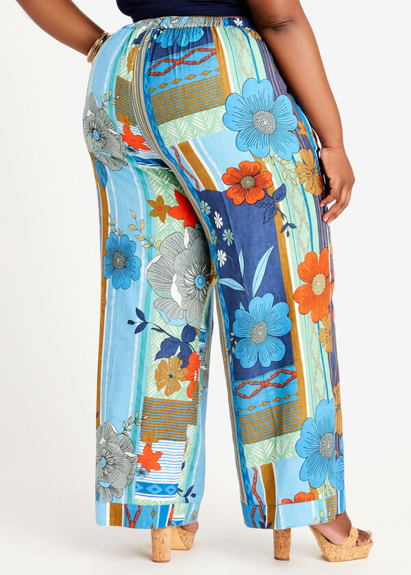 Floral Print Linen Wide Leg Pants, Blue image number 1