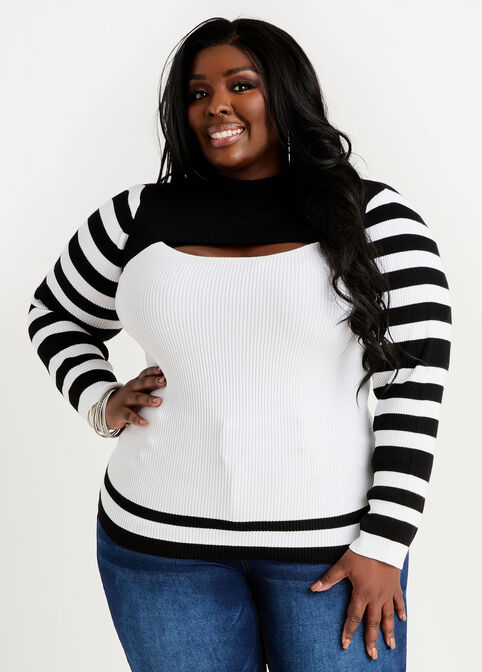 Stripe Cutout Mock Neck Sweater, Black White image number 0