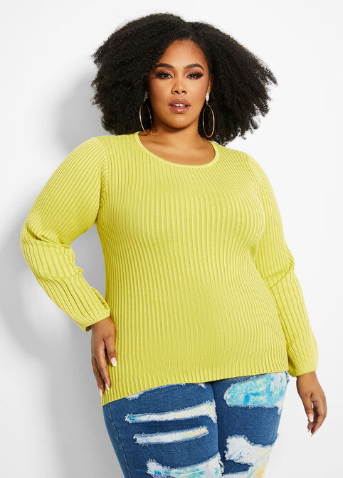 Plus Size Ribbed Knit Crew Neck Peasant Sleeve Sweater image number 0