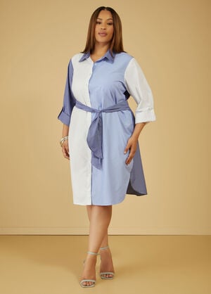 Belted Striped Poplin Shirtdress, Peacoat image number 0